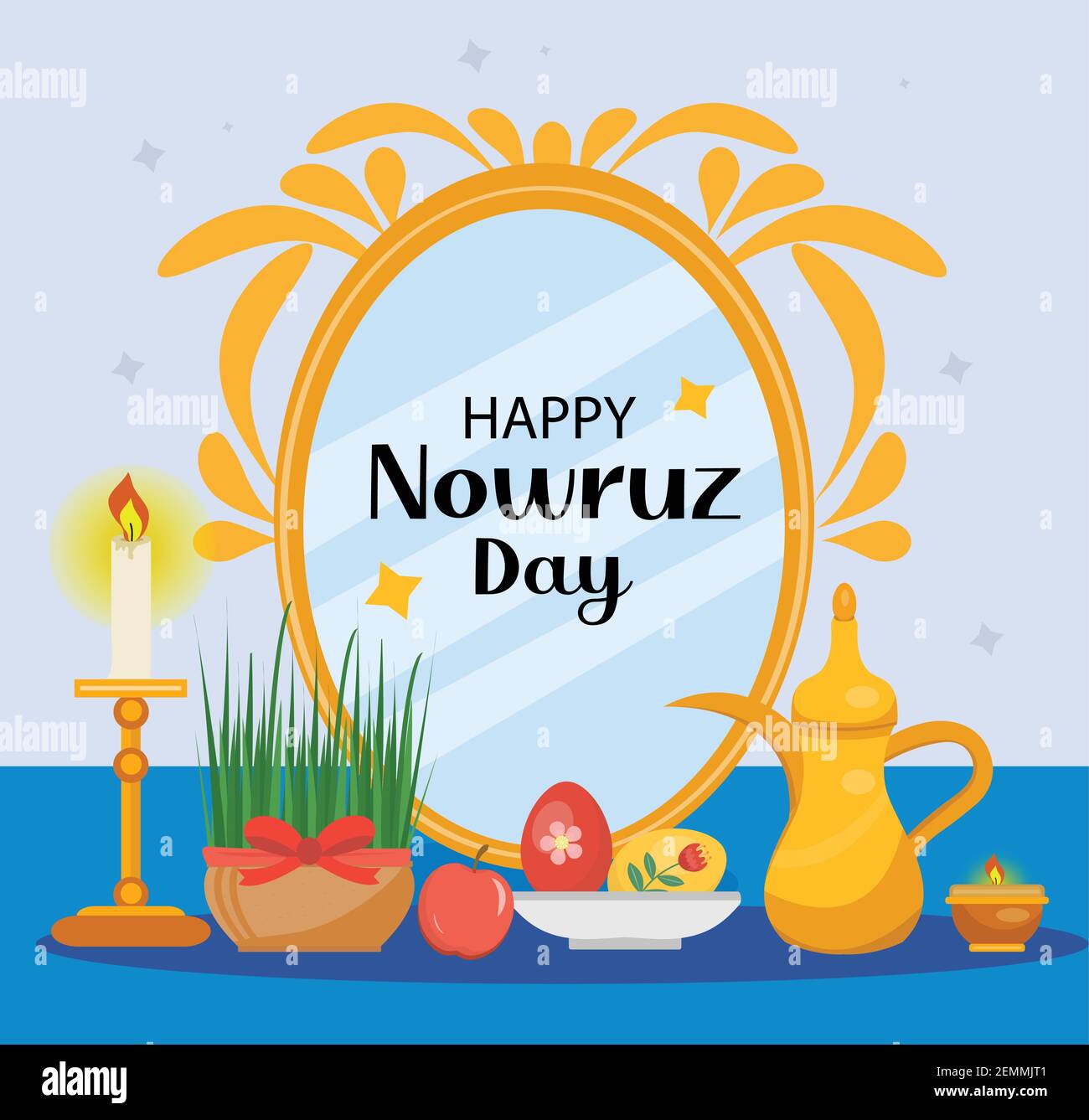 Happy Nowruz day greeting card, template for your design. New Year in Iran. Vector illustration, clip art. Stock Vector