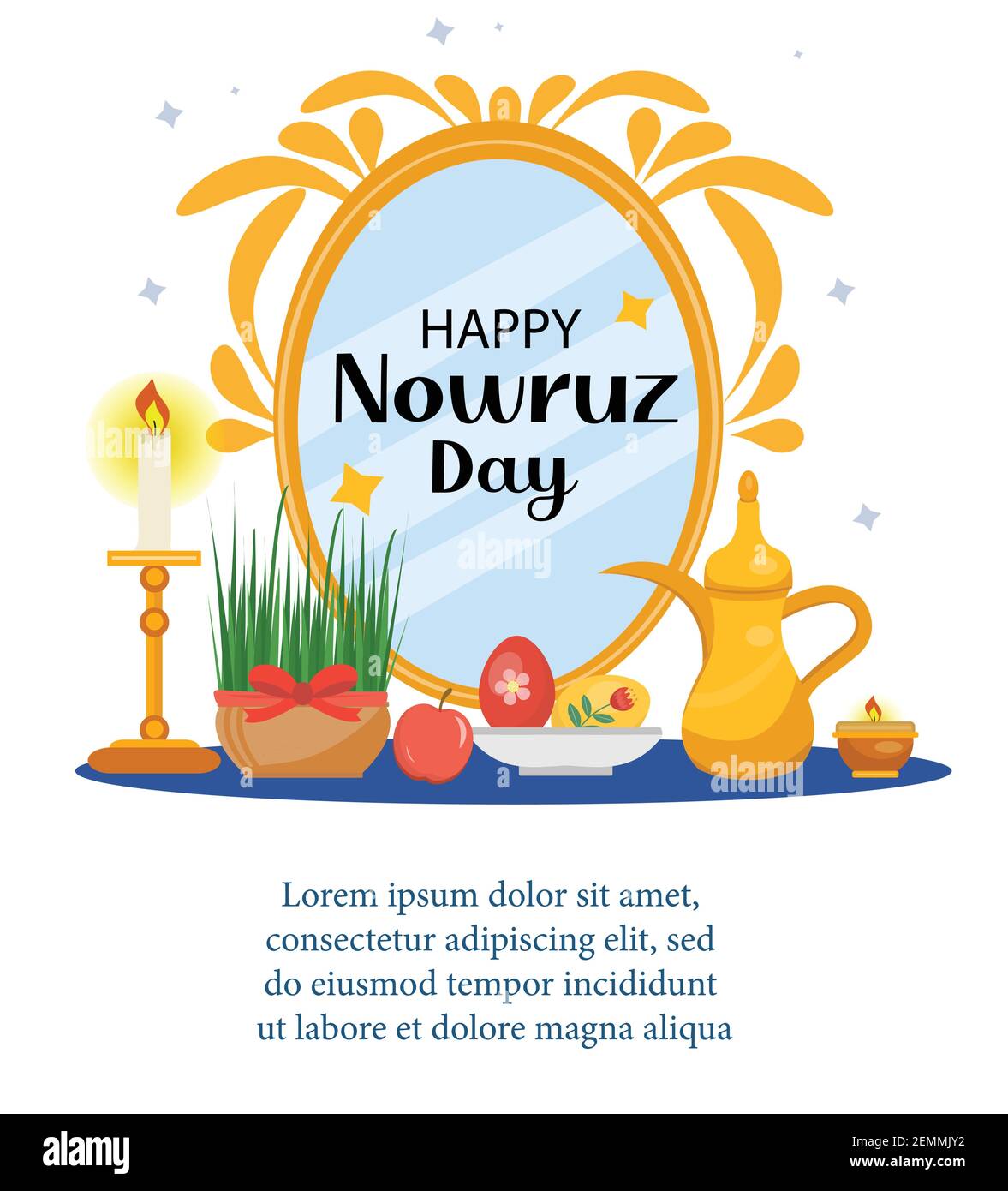 Happy Nowruz day greeting card, template for your design. New Year in Iran. Vector illustration, clip art. Stock Vector
