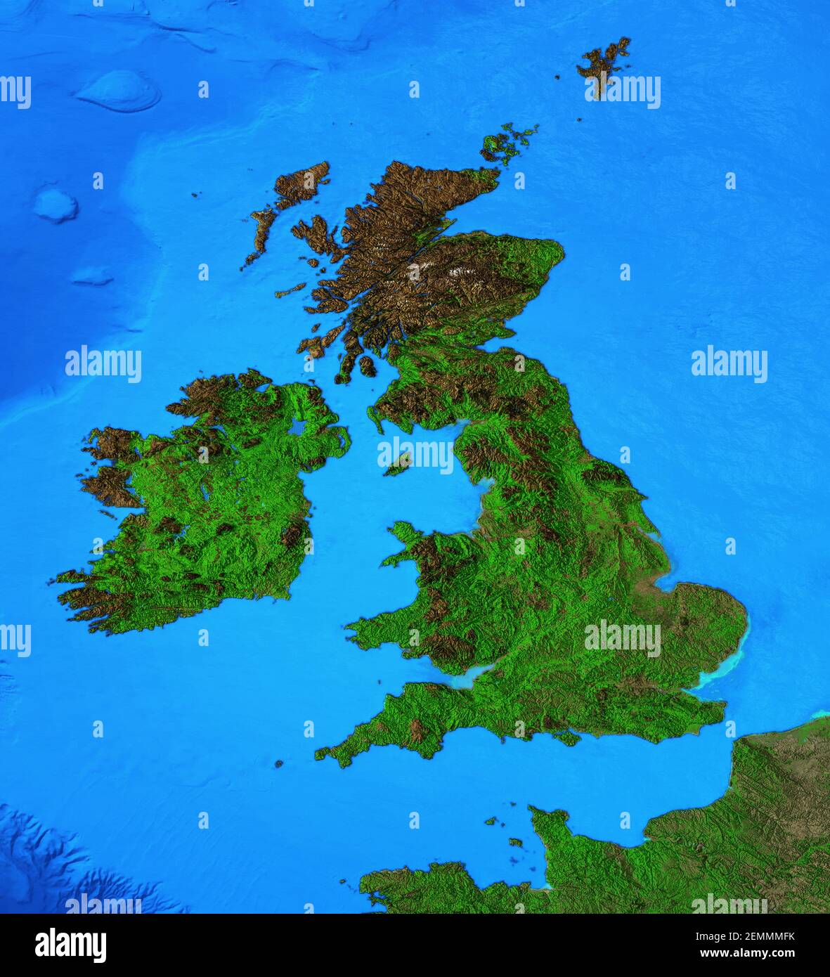 Physical map of England, Britain and Ireland. Detailed flat view of the Planet Earth and its landforms - Elements furnished by NASA Stock Photo