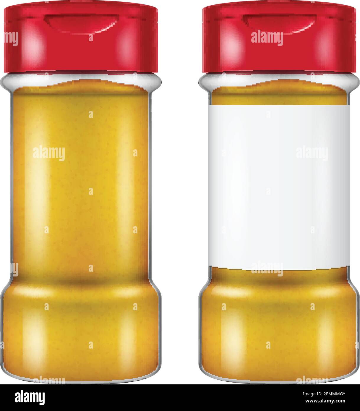 Bottle of turmeric or curcuma longa powder in two versions: with and without a blank label. Vector illustration. Stock Vector