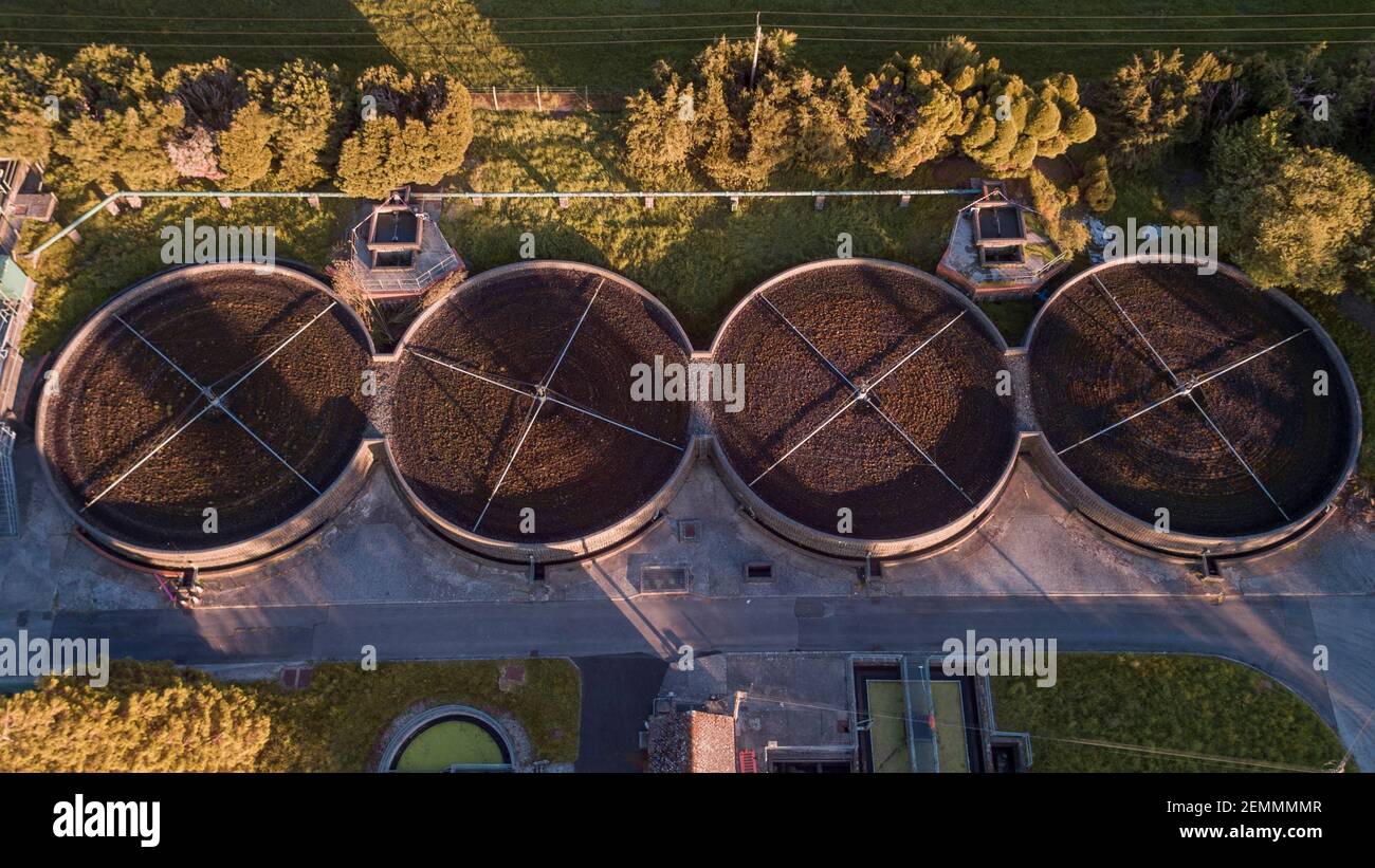 Aerial view of sewage treatment works, Wales, UK Stock Photo Alamy
