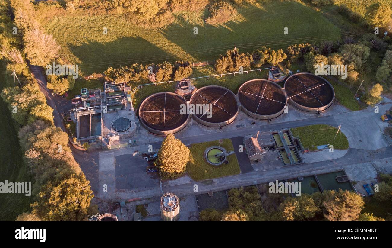 Aerial view of sewage treatment works, Wales, UK Stock Photo Alamy