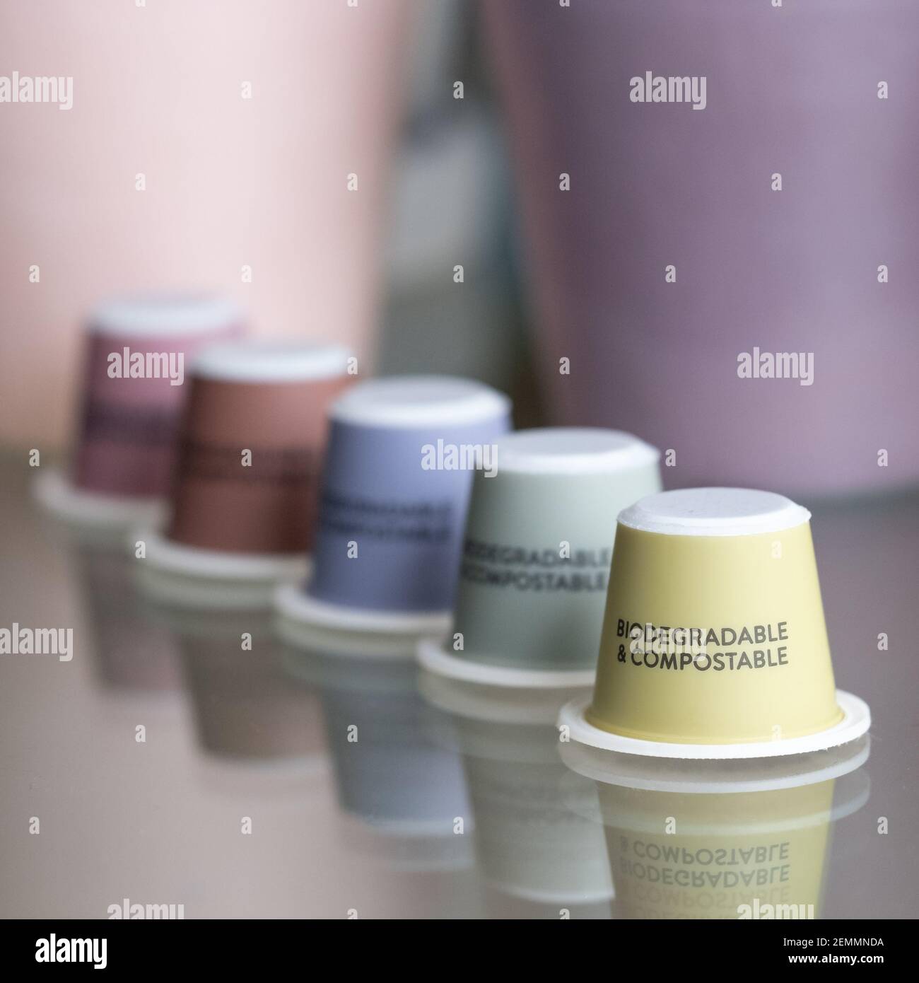 Colourful, sustainable eco friendly coffee capsules. The pods are  compostable and biodegradable Stock Photo - Alamy