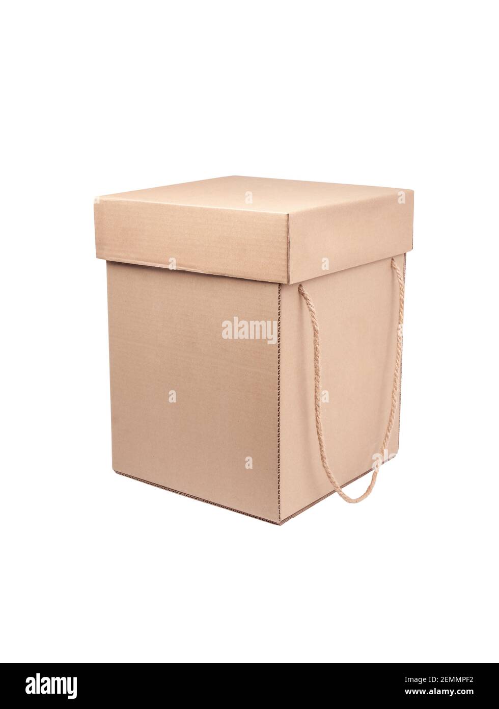 Rectangular cardboard box with rope lid and handles. Closed crown box isolate on a white