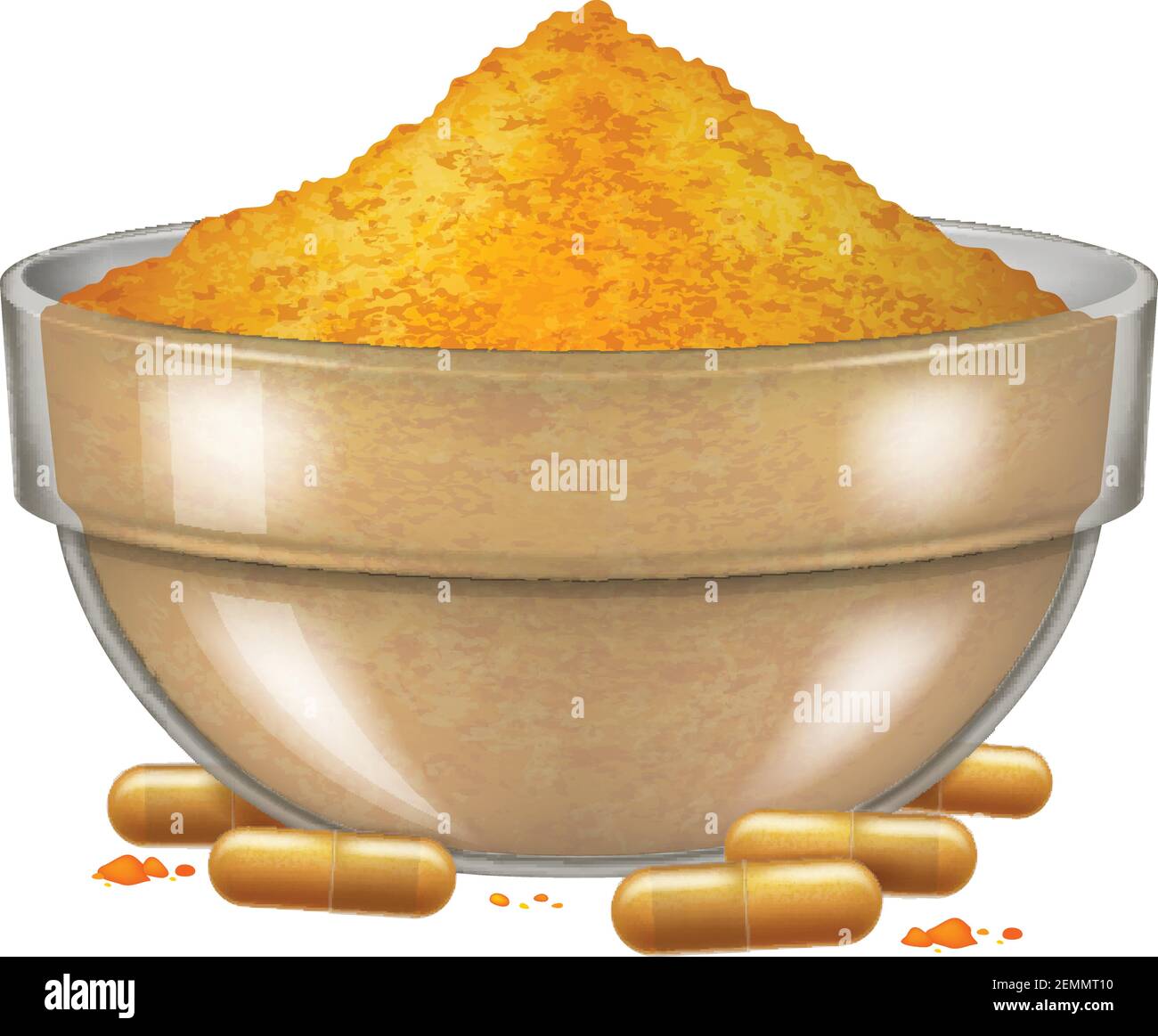 Glass bowl with turmeric (curcuma longa) powder and capsules. Vector illustration. Stock Vector