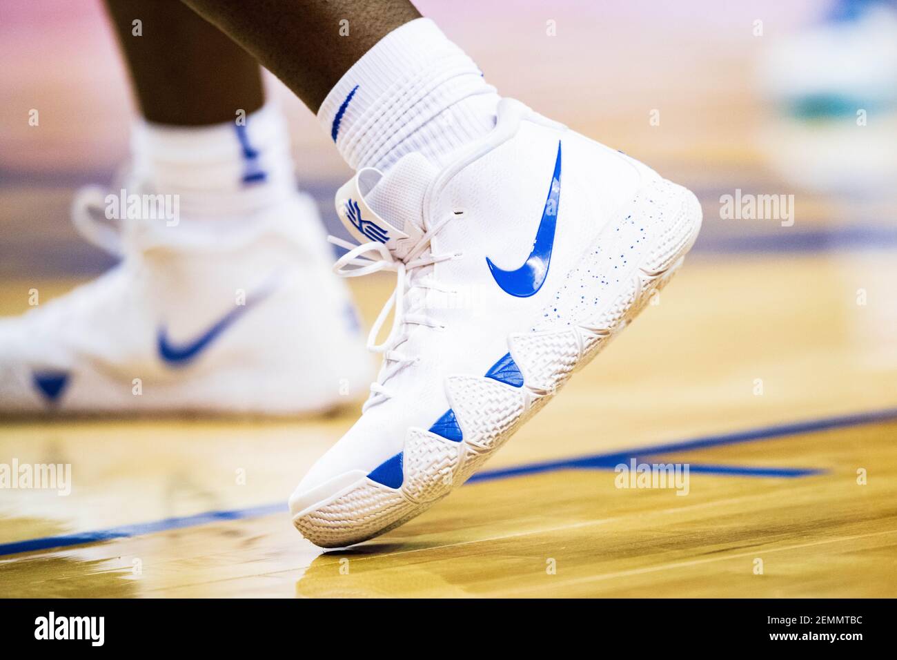 The shoes of Duke Blue Devils forward Zion Williamson (1) during the ACC  College Basketball Tournament game between the Syracuse Orange and the Duke  Blue Devils at the Spectrum Center on Thursday