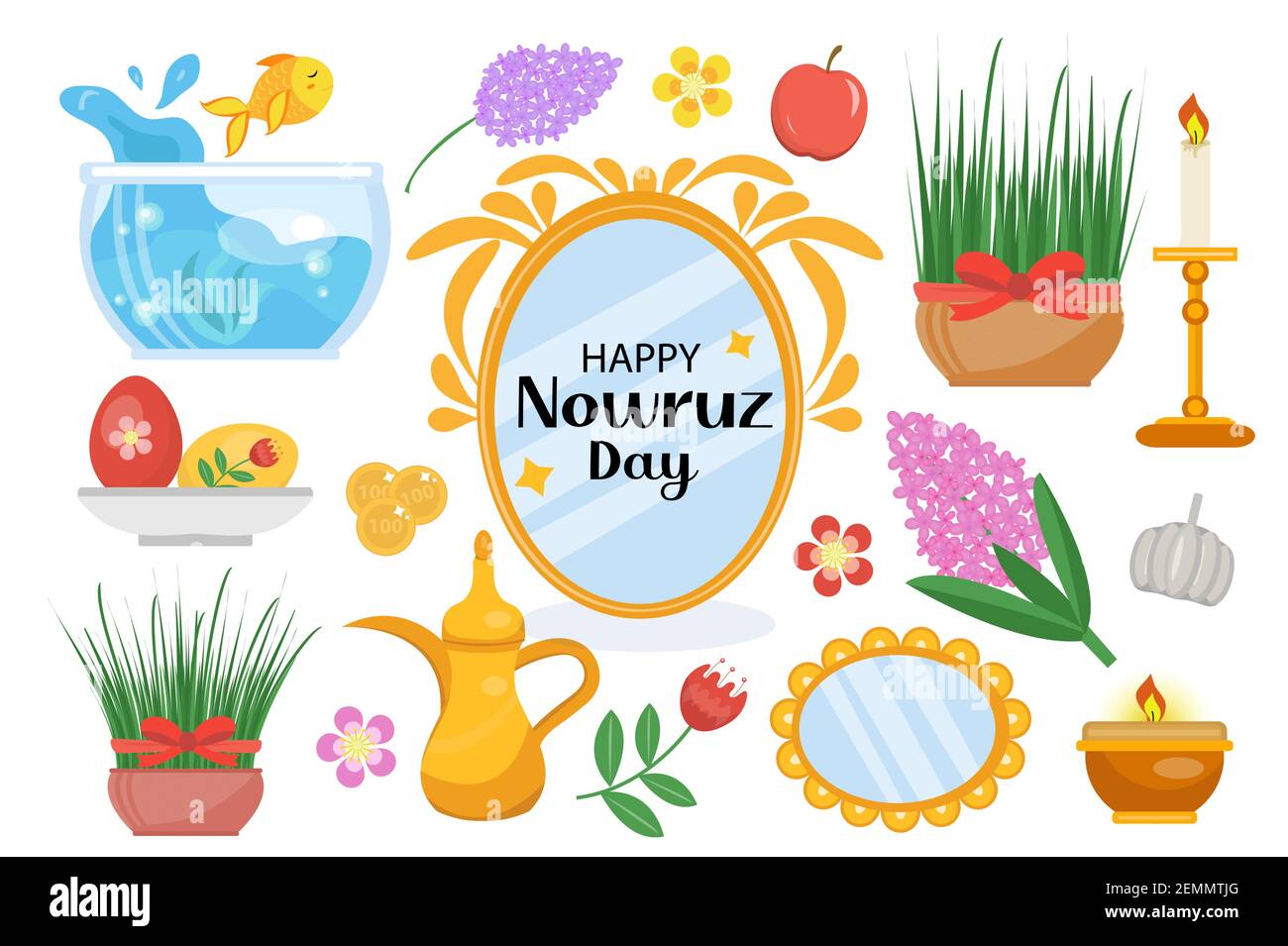Happy Nowruz day objects set. Collection of design elements with potted grass, hyacinth flowers, aquarium with goldfish, mirror. New Year in Iran Stock Vector