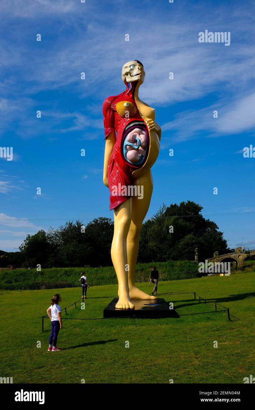 A child looks up at a a sculpture by Damien Hirst, The Virgin Mother, 2005-6, on display in the Yorkshire Sculpture Park (YSP) Stock Photo