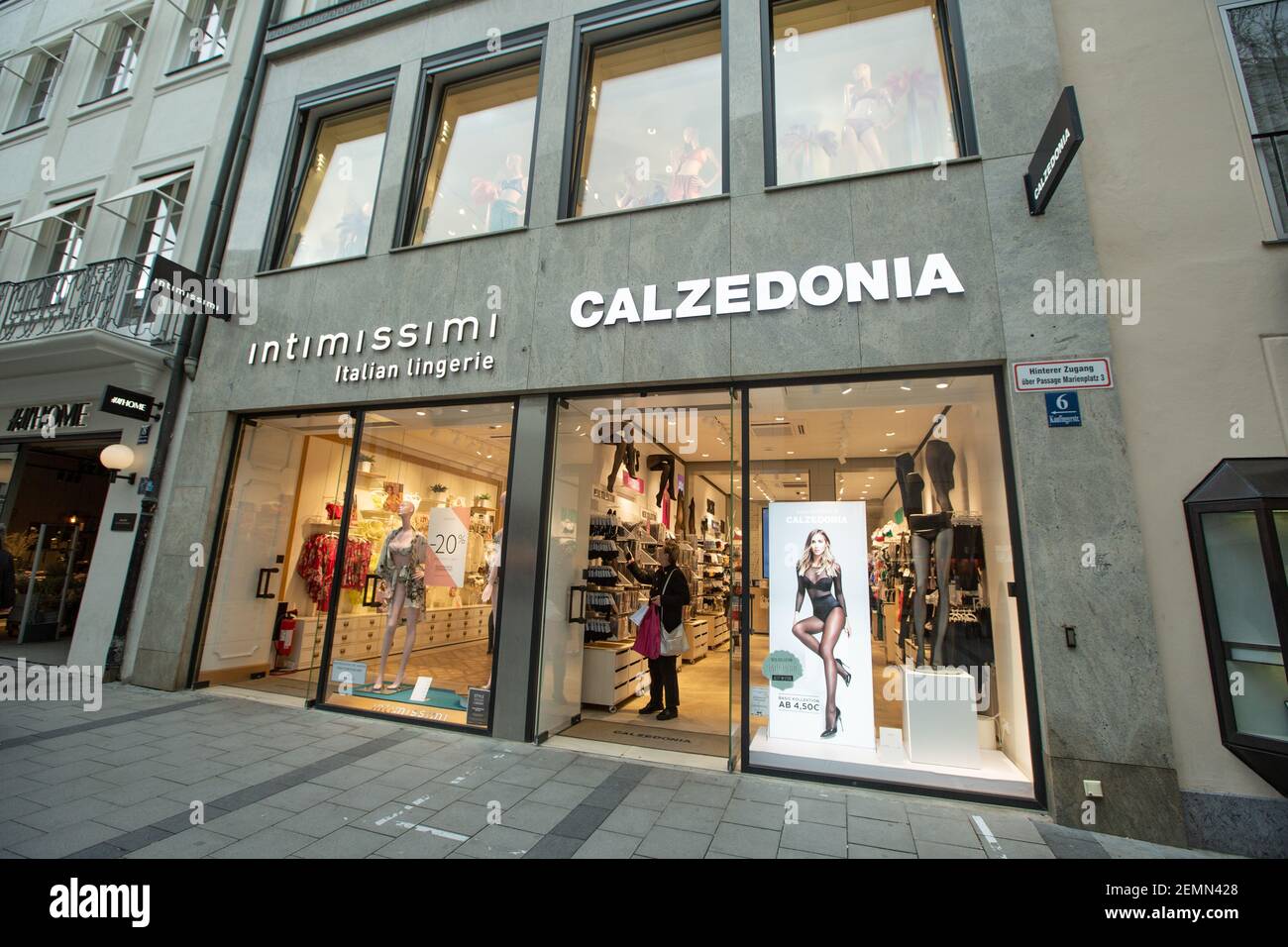 A shop of Intimissimi next to one of Calzedonia is seen in the pedestrian  zone in Munich, Germany on March 18, 2019. (Photo by Alexander Pohl/Sipa  USA Stock Photo - Alamy