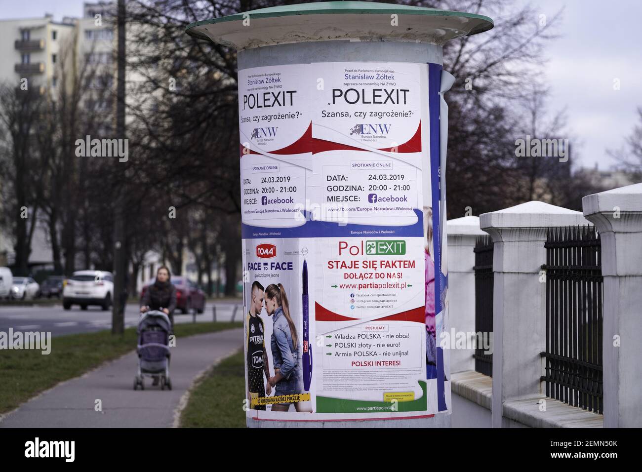 Posters adverstising the newly formed Eurosceptic Polexit party are seen in Warsaw, Poland on March 19, 2019. The Polexit party was formed by former members of the Congress of the New Right and Satnislaw Zoltek, a right-wing politician and EP member as part of the Europe of Nations and Freedom, the smallest group in the European Parliament. (Photo by Jaap Arriens / Sipa USA) Stock Photo