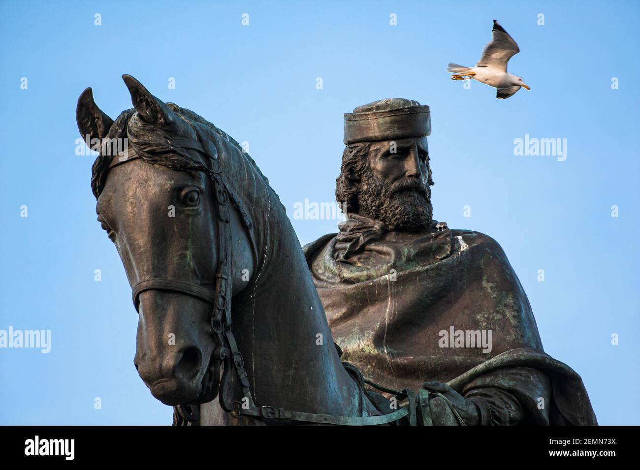Seagull flies next to the statue Giuseppe Garibaldi at Janiculum Hill in Rome Stock Photo