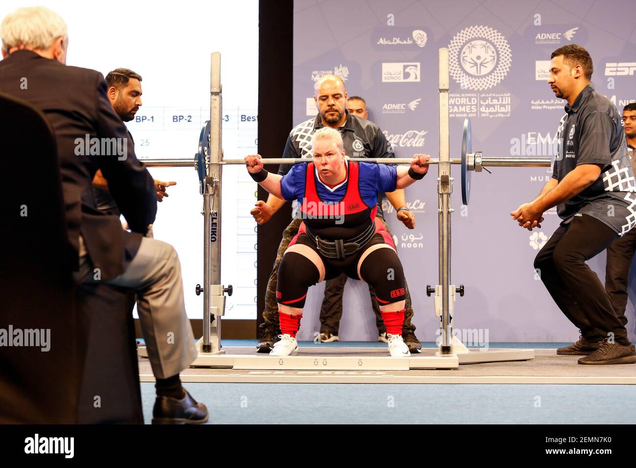 Female powerlifter compete during Special Olympics World Games in Abu