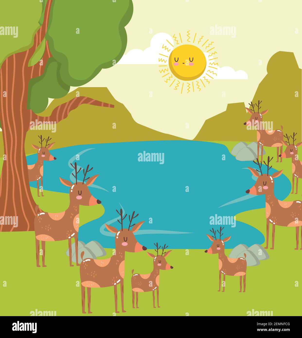 Animals deers lagoon trees scene Stock Vector Image & Art - Alamy