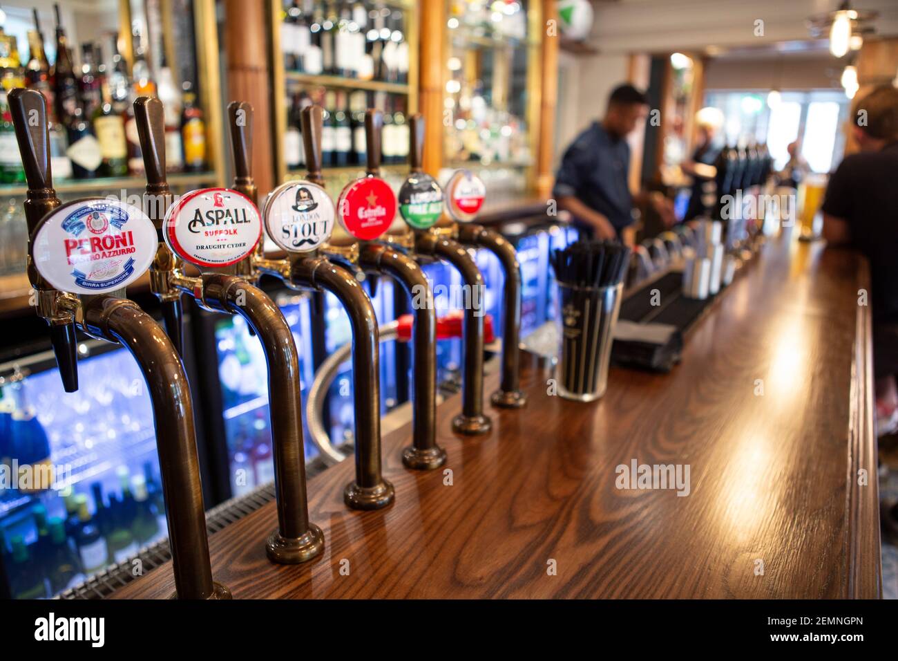 Draught Beer pumps on a bar Stock Photo