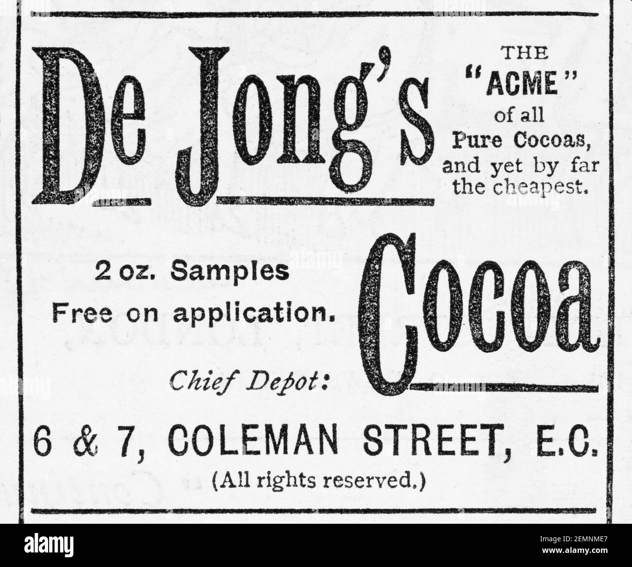 Old Victorian magazine newsprint De Jong's chocolate advert from 1887 - before the dawn of advertising standards. History of chocolate. Stock Photo