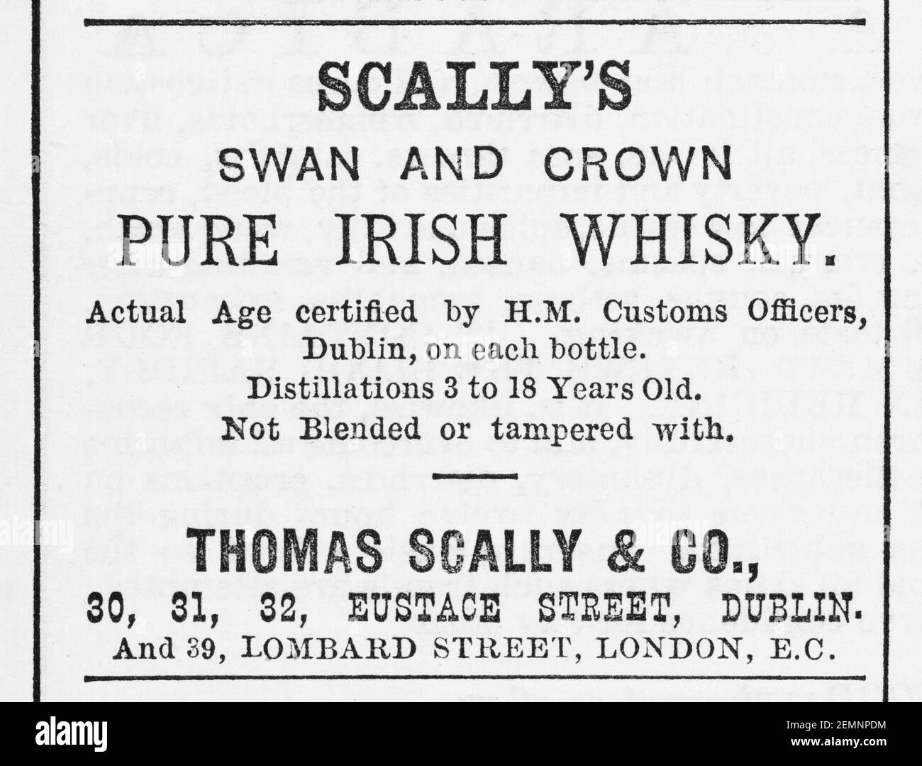 Old Victorian magazine newsprint Scally's Irish Whisky whiskey advert from 1880 - before the dawn of advertising standards. History of whiskey. Stock Photo