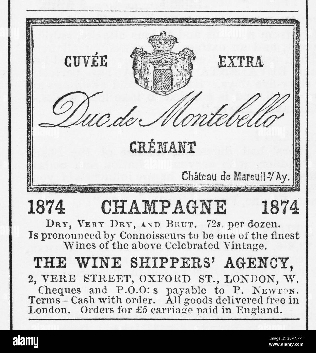 Old Victorian magazine newsprint London wine merchants' champagne advert from 1880 - before the dawn of advertising standards. History of champagne. Stock Photo