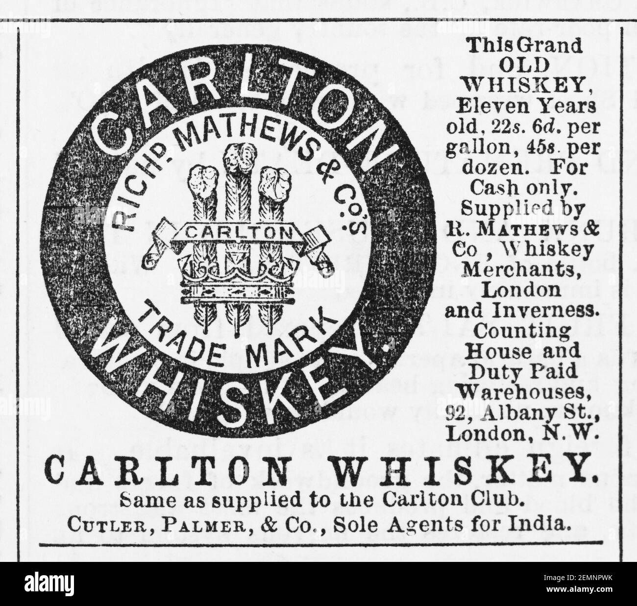 Old Victorian magazine newsprint Carlton Whiskey advert from 1880 - before the dawn of advertising standards. History of whiskey. Stock Photo