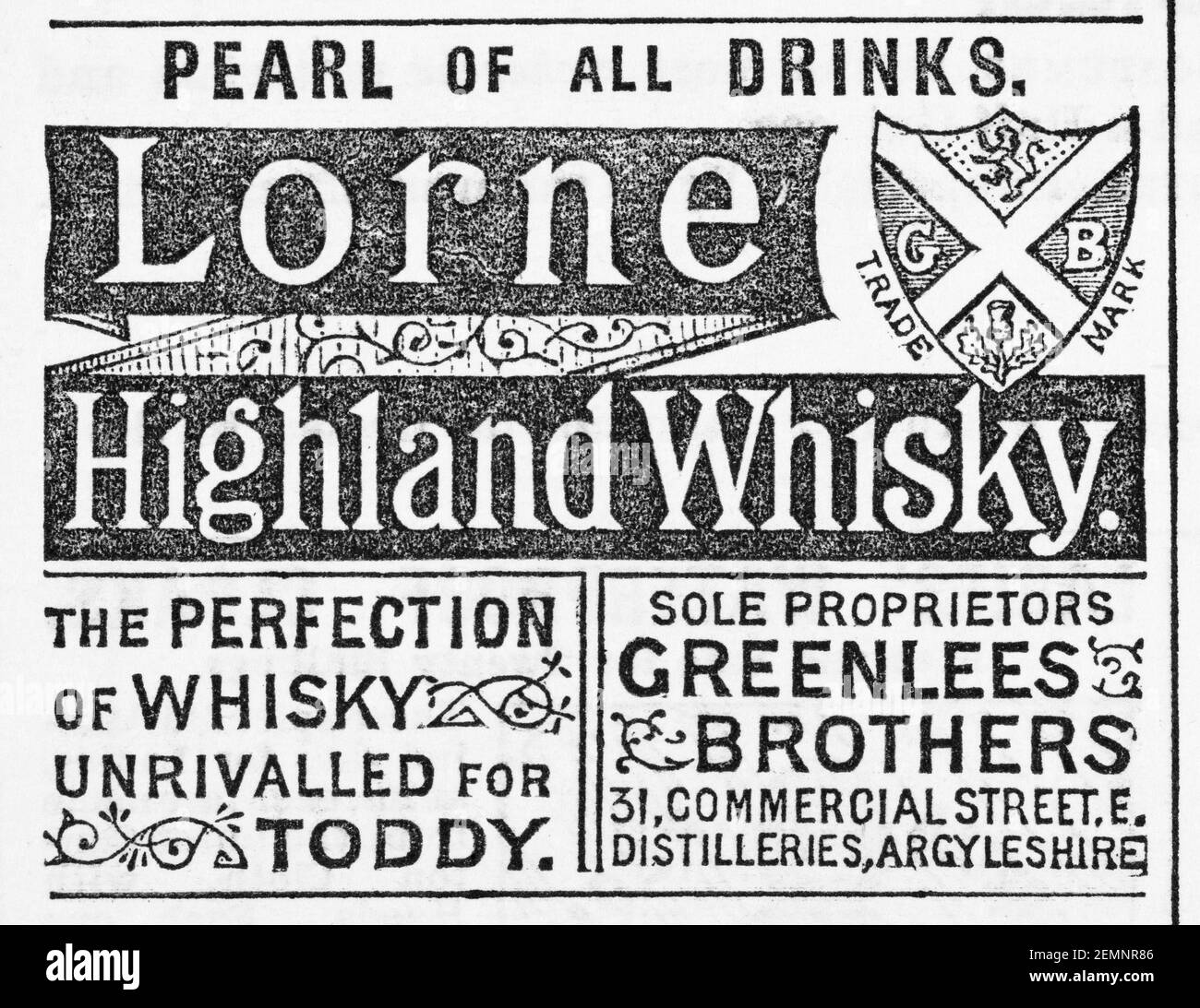 Old Victorian magazine newsprint Lorne Highland Whiskey advert from 1883 - before the dawn of advertising standards. History of whiskey. Stock Photo