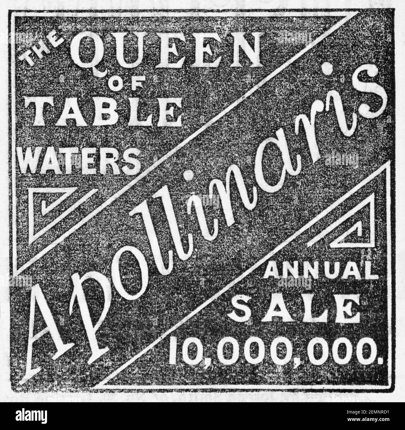 Old Victorian magazine newsprint Apollinaris table water advert from 1883 - before the dawn of advertising standards. History of advertising. Stock Photo
