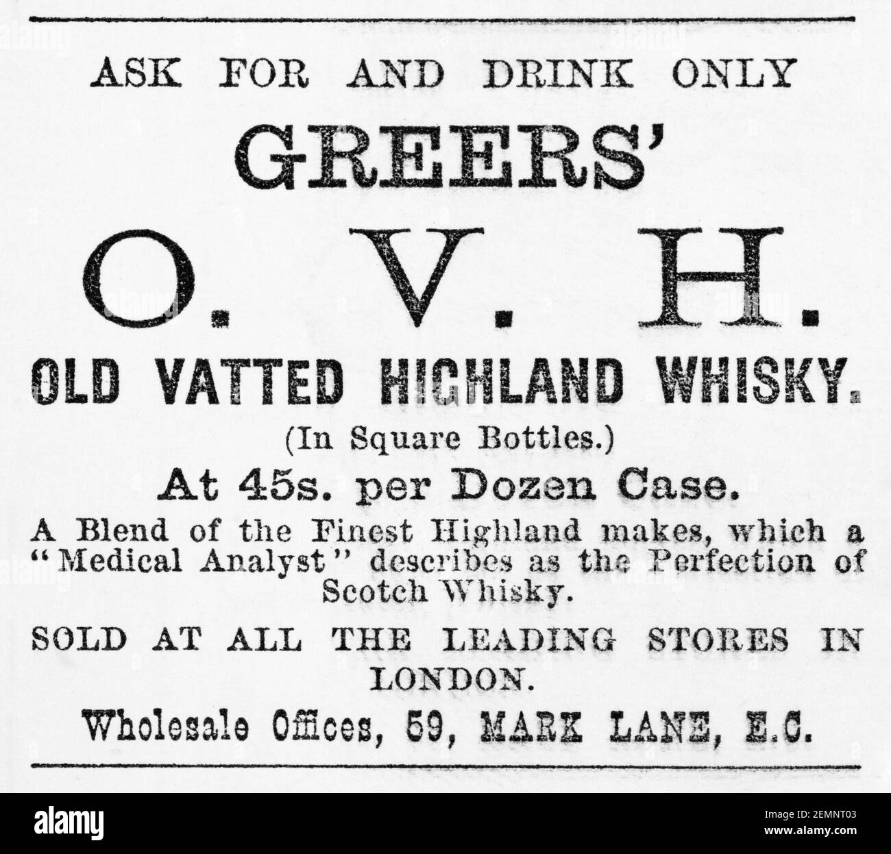 Old Victorian magazine newsprint Greer's Highland Whisky whiskey advert from 1891 - before the dawn of advertising standards. History of whiskey. Stock Photo