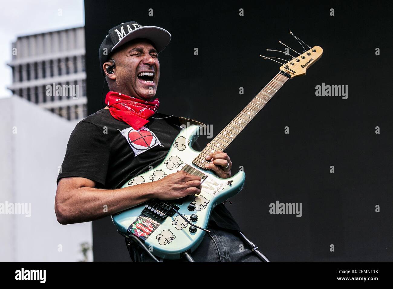 Guitarist Tom Morello performs at the ACLU 100 tour at Grand Park in  downtown Los Angeles. The ACLU turns 100 years old this year. Tom Morello,  formerly with the band "Rage Against