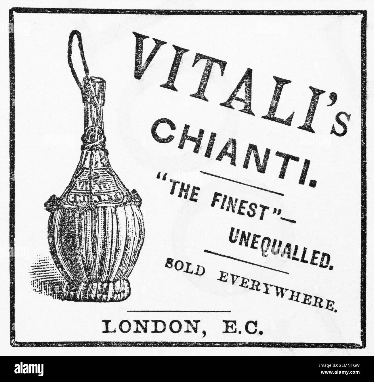Old Victorian magazine newsprint Vitali's Chianti wine advert from 1894 - before the dawn of advertising standards. History of chianti wine. Stock Photo