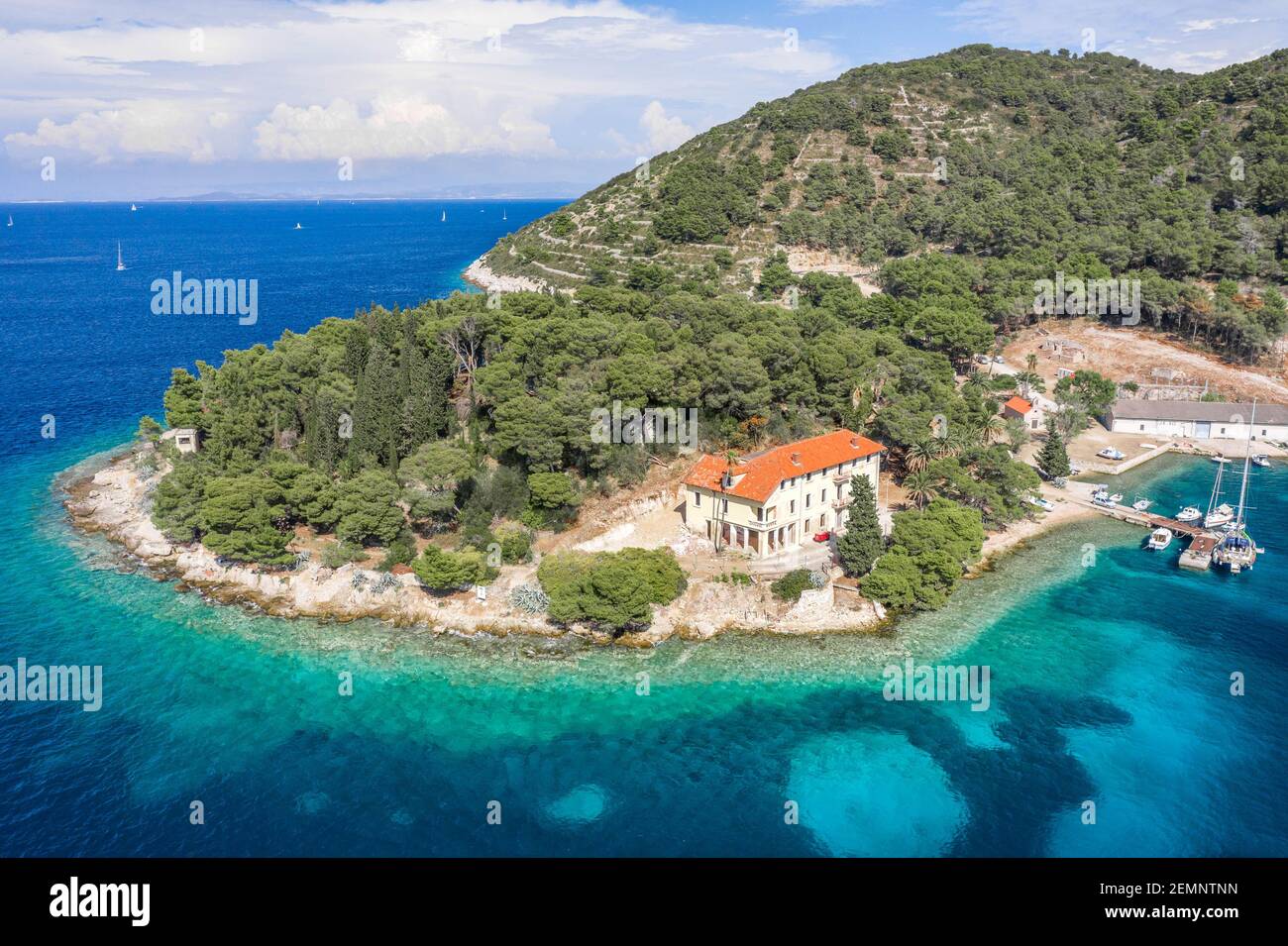 Aerial drone shot of small peninsula on Vis Island in Adriatic sea in ...