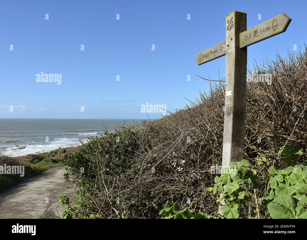 North Devon Sign Signs around Baggy Point, Baggy Point, North Devon Coast Stock Photo ...