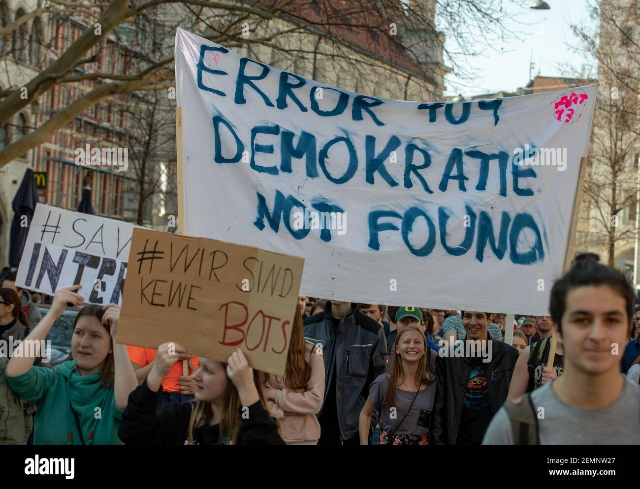 More than 50.000 people joined the Save Your Internet demonstration in Munich on 23.3.2019. The protestors demonstrated against against article 11, 12 and 13 of the copyright reform. They fear an upload filter and censorship. Furthermore critics say, that the reform could be also bad for creatives. (Photo by Alexander Pohl/Sipa USA) Stock Photo