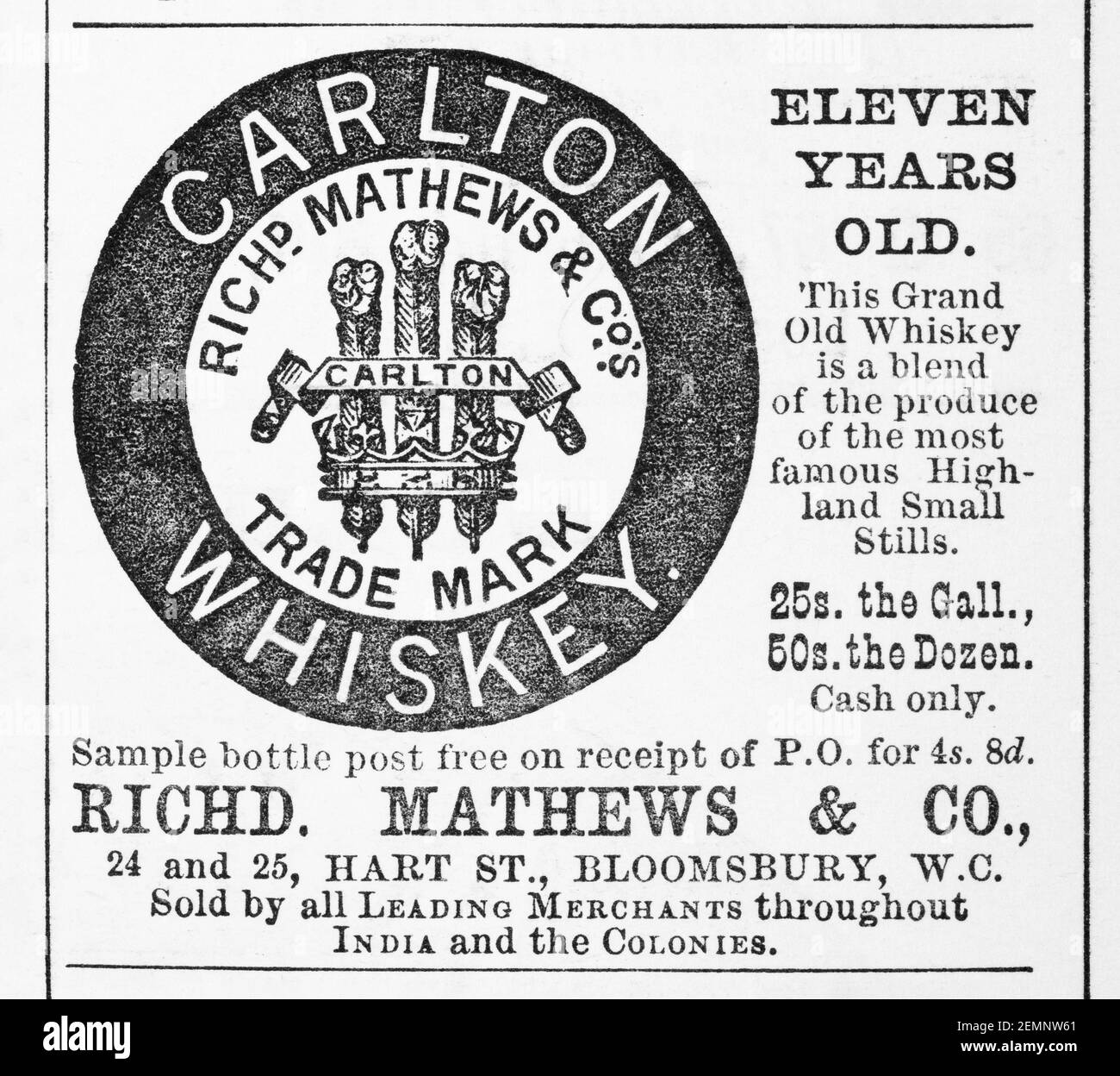 Old Victorian magazine newsprint Carlton Whiskey advert from 1894 - before the dawn of advertising standards. History of whiskey. Stock Photo