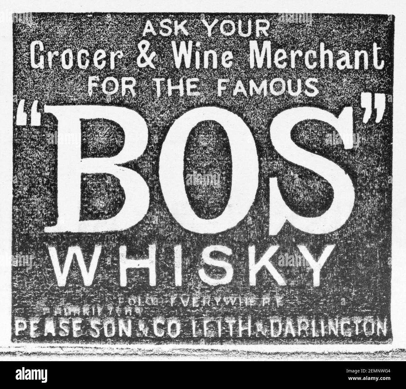 Old Victorian magazine newsprint Pease & Co. BOS Whisky whiskey advert from 1894 - before the dawn of advertising standards. History of whiskey. Stock Photo