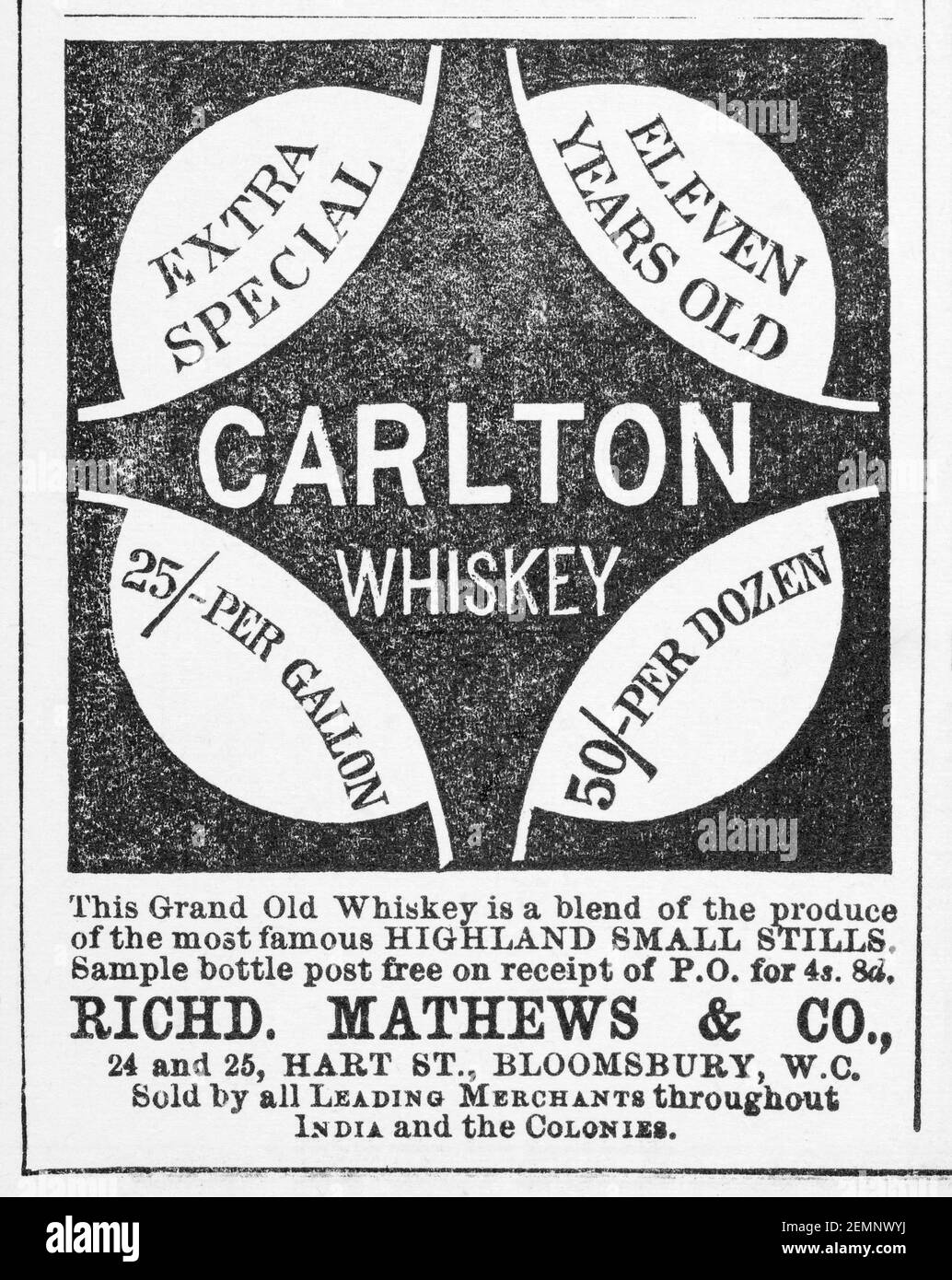 Old Victorian magazine newsprint Carlton Whiskey advert from 1897 - before the dawn of advertising standards. History of whiskey. Stock Photo