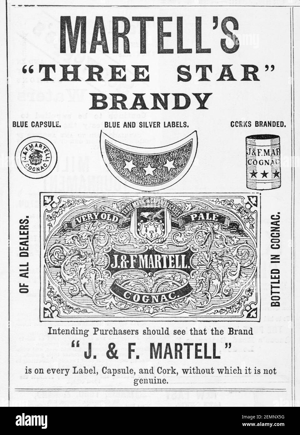 Old Victorian magazine newsprint J&F Martell Three Star Brandy advert from 1894 - before the dawn of advertising standards. History of brandy. Stock Photo