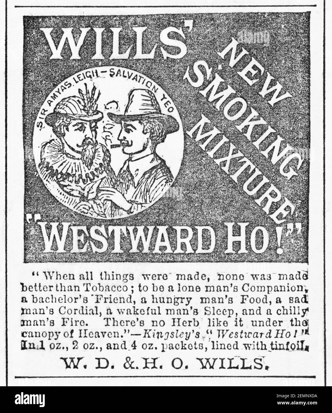 Old Victorian magazine newsprint W & H Wills 'Westward Ho' tobacco advert from 1880 - before the dawn of advertising standards. History of tobacco. Stock Photo