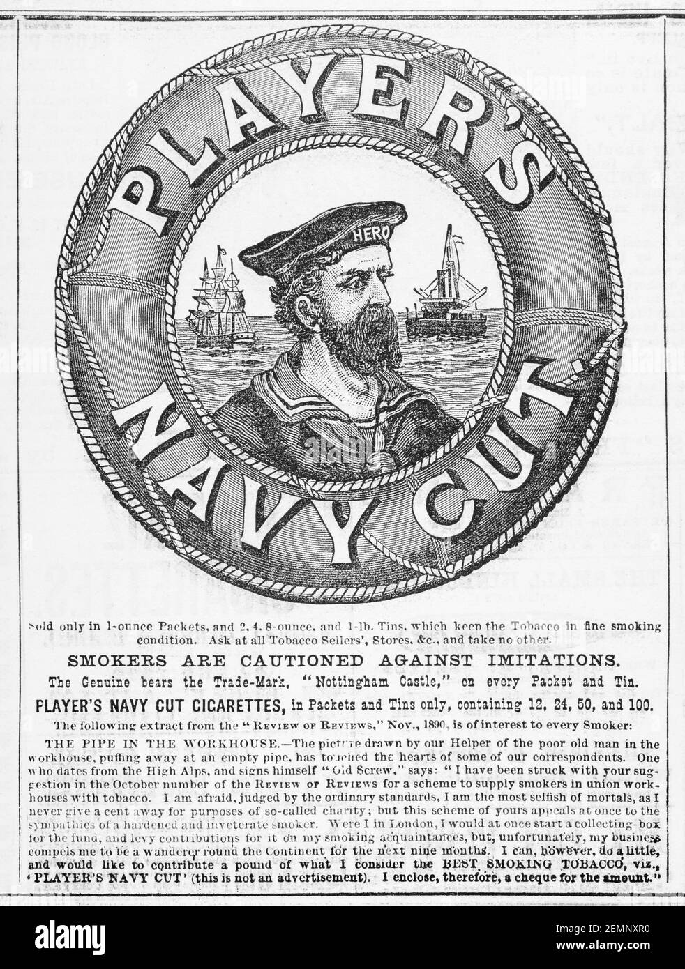 Old vintage Victorian magazine newsprint Players Navy Cut cigarette advert from 1894 - before the dawn of advertising standards. History of tobacco Stock Photo