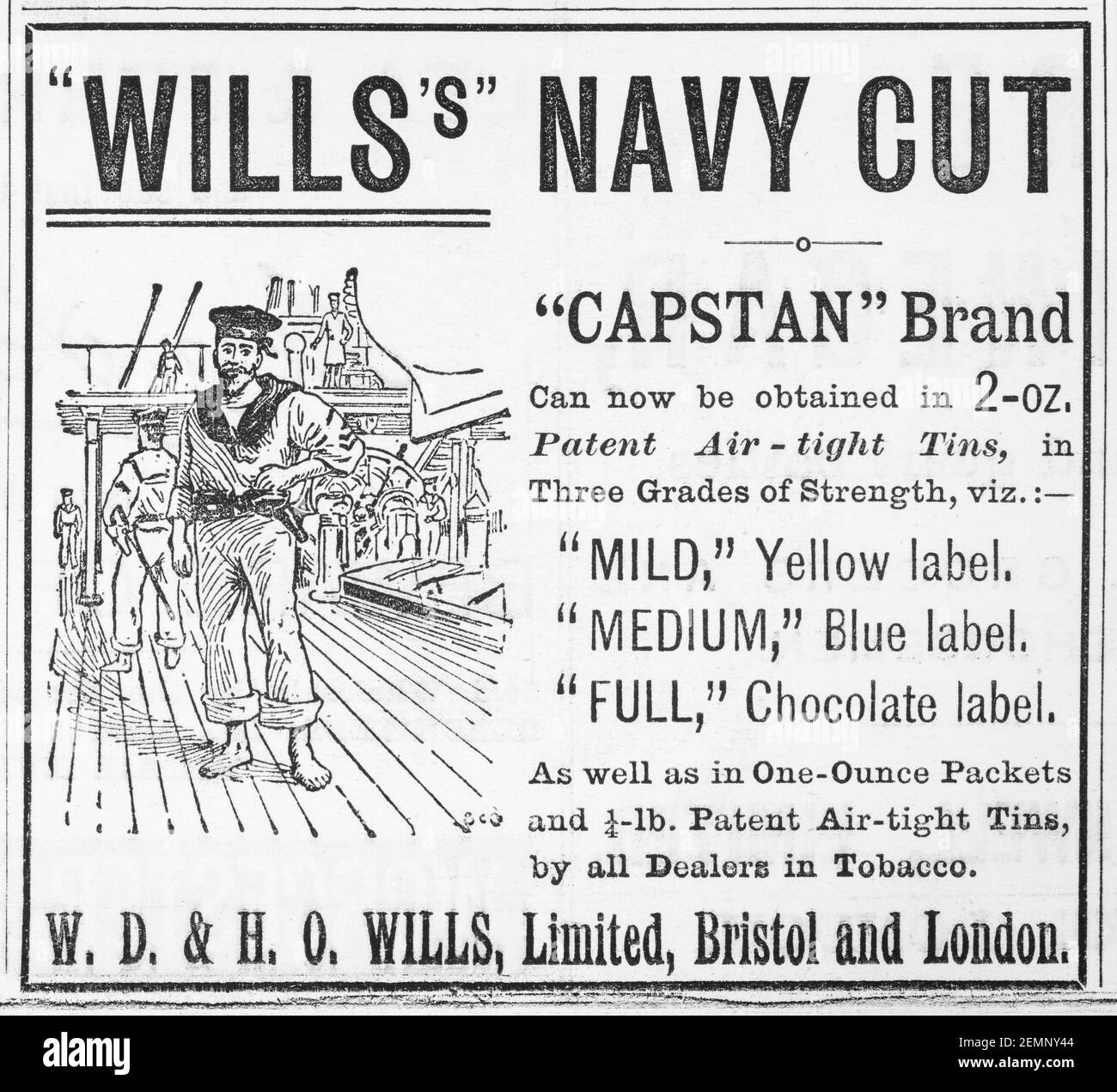 Old vintage Victorian magazine newsprint W & H Wills Navy Cut tobacco advert from 1894 - before the dawn of advertising standards. History of tobacco Stock Photo