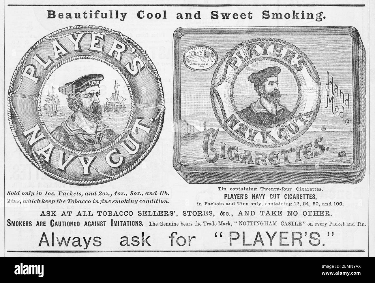 Old vintage Victorian magazine newsprint Players Navy Cut cigarette advert from 1894 - before the dawn of advertising standards. History of tobacco. Stock Photo