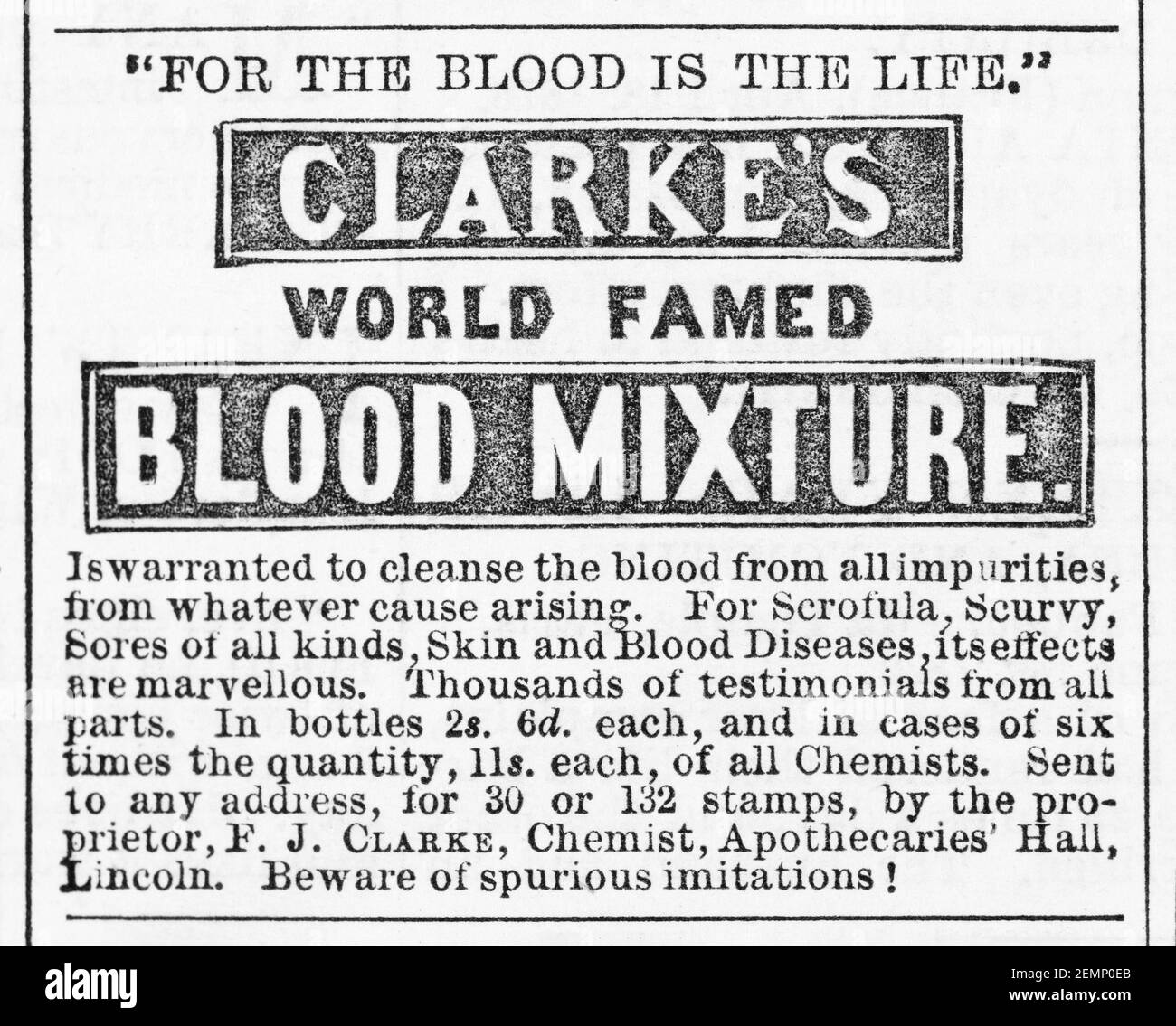 Old Victorian magazine newsprint Clarke's blood purifying mixture advert from 1880 - before the dawn of advertising standards. History of medicine. Stock Photo