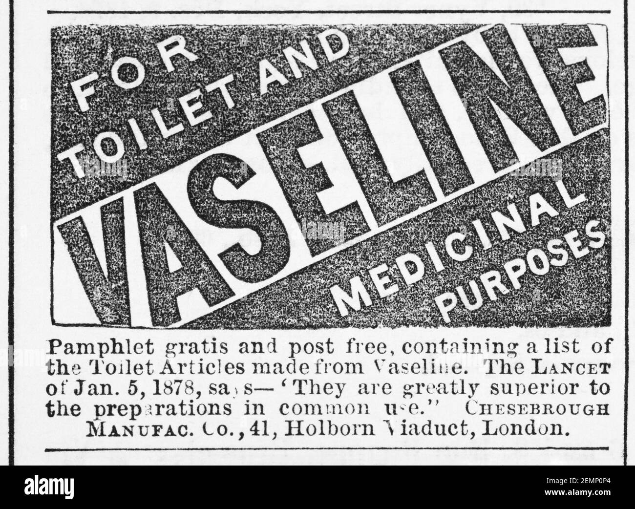 Old Victorian Vaseline advert from 1880 - before the dawn of advertising standards. History of advertising, old hygiene & medical product adverts. Stock Photo