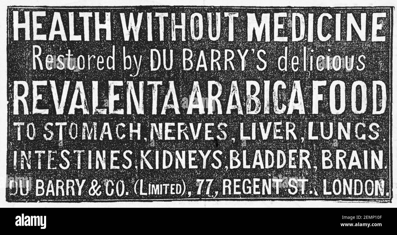 Victorian magazine newsprint Du Barry's health food advert from 1880 - before advertising standards. Medicinal cuisine and health foods. Stock Photo