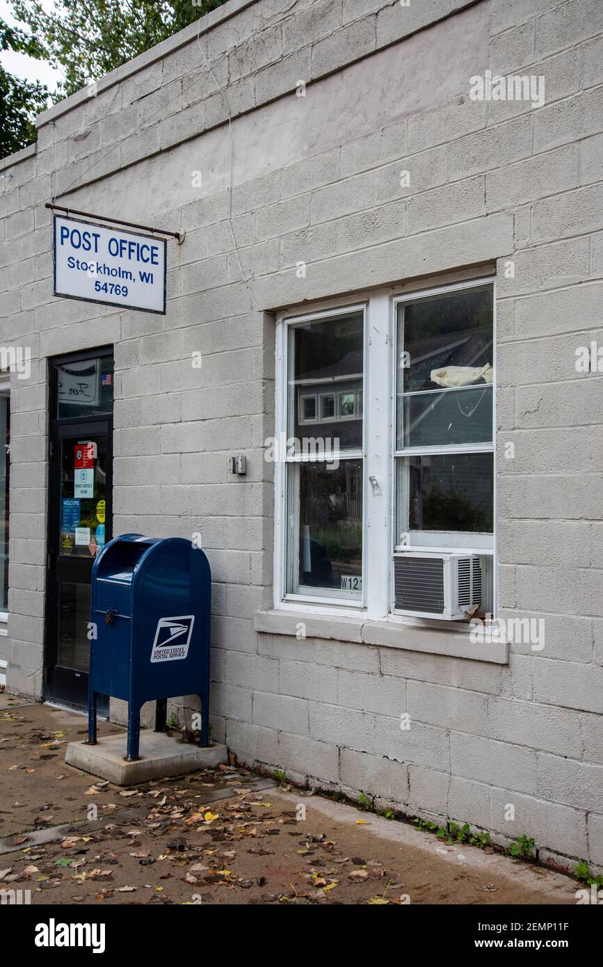 Stockholm, Wisconsin. Small town post office with outdoor mailbox Stock