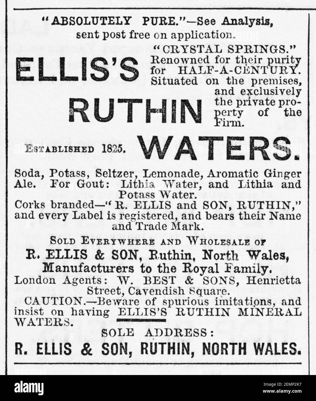 Old Victorian magazine newsprint Ellis's tonic waters advert from 1883 - before the dawn of advertising standards. History of medicine. Stock Photo