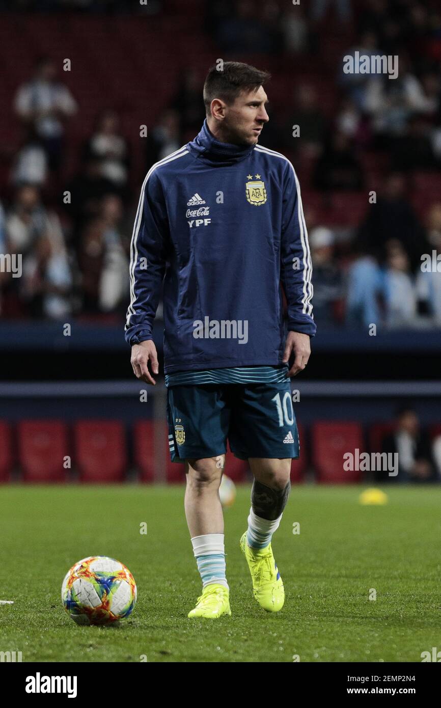 Argentina's Leo Messi warms during International Adidas Cup match between  Argentina and Venezuela at Wanda Metropolitano Stadium in Madrid, Spain.  March 22, 2019. (Photo by A. Perez Meca/Alter Photos/Sipa USA Stock Photo -