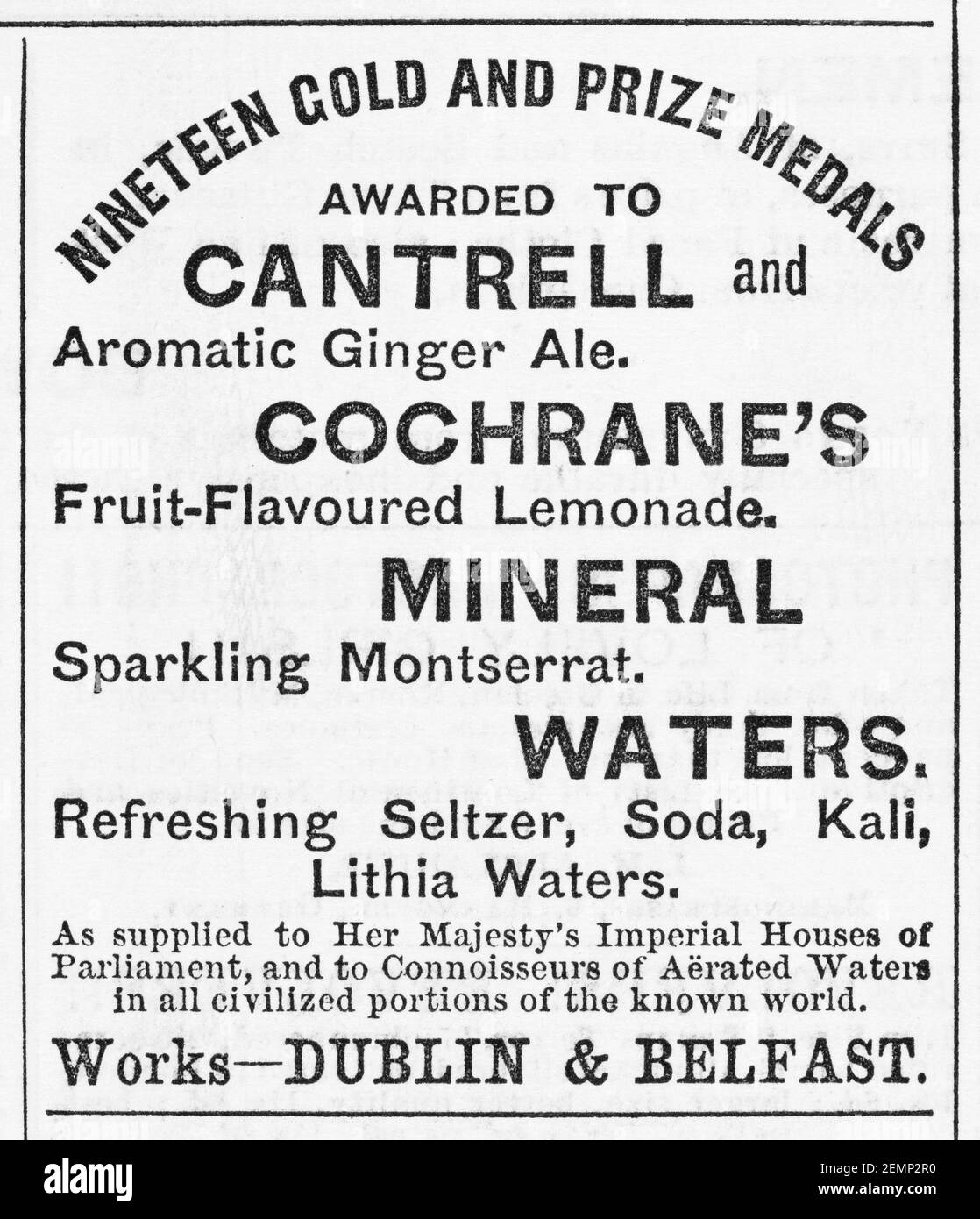 Old Victorian magazine newsprint Cantrell & Cochrame mineral water advert from 1883 - before the dawn of advertising standards. History of medicine. Stock Photo