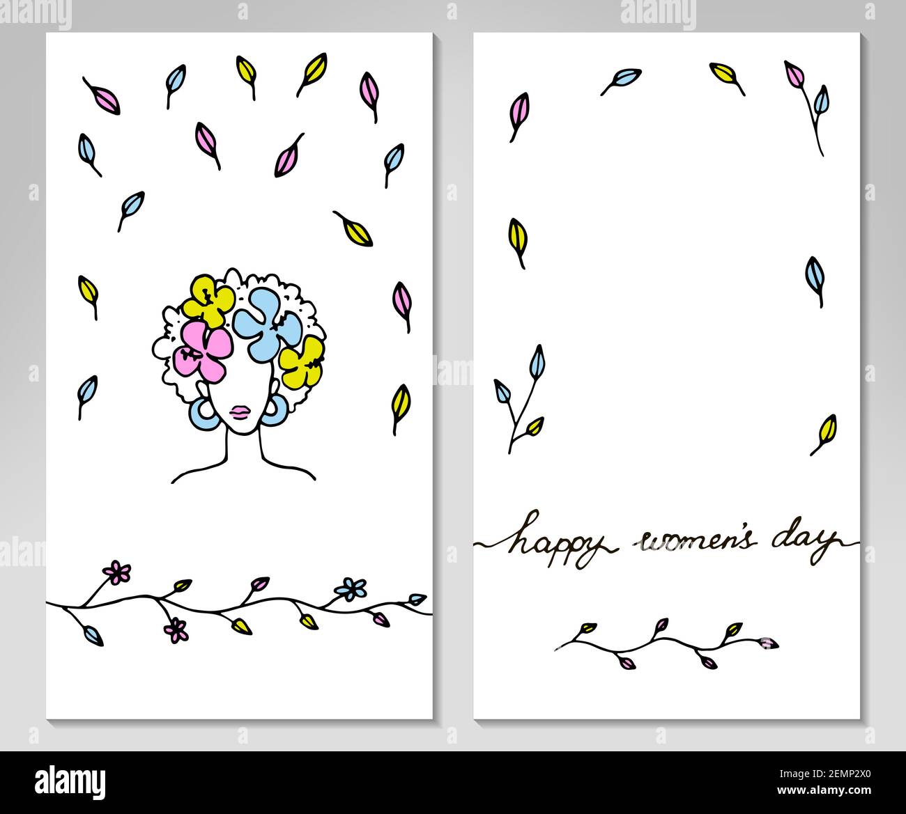 Two sides Womens day greeting card with hand drawn elements. Vector ...
