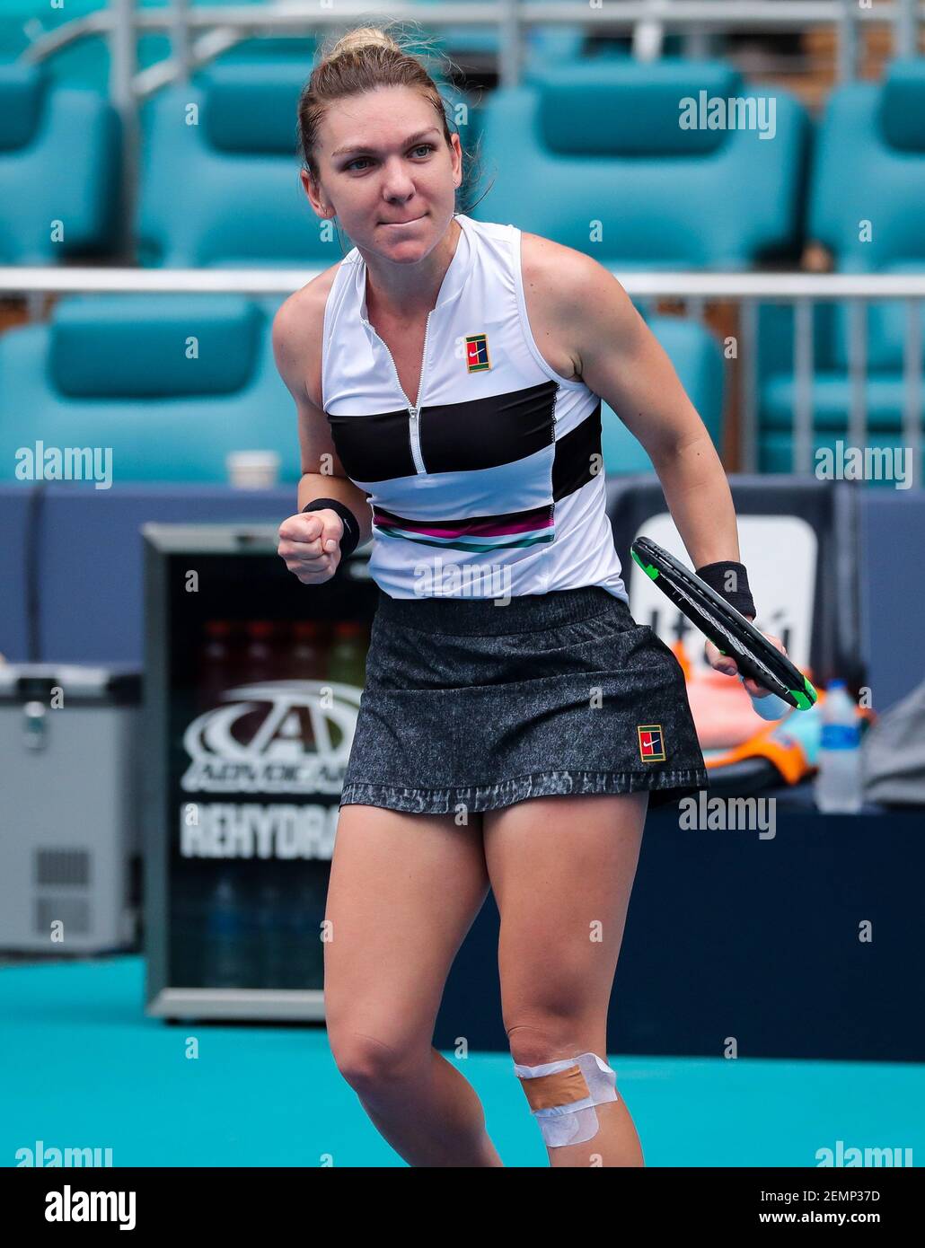 March 24, 2019: Simona Halep, of Romania, celebrates a she defeats Polona  Hercog, of Slovenia, during a third round match at the 2019 Miami Open  Presented by Itau professional tennis tournament, played