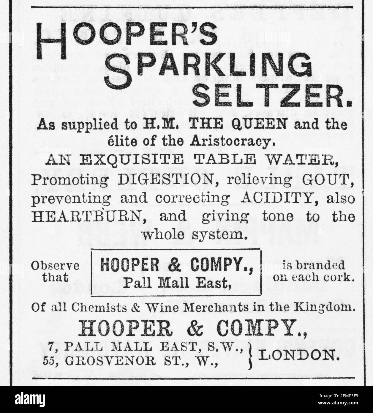 Old Victorian magazine newsprint Hooper's seltzer water advert from 1883 - before the dawn of advertising standards. History of medicine. Stock Photo