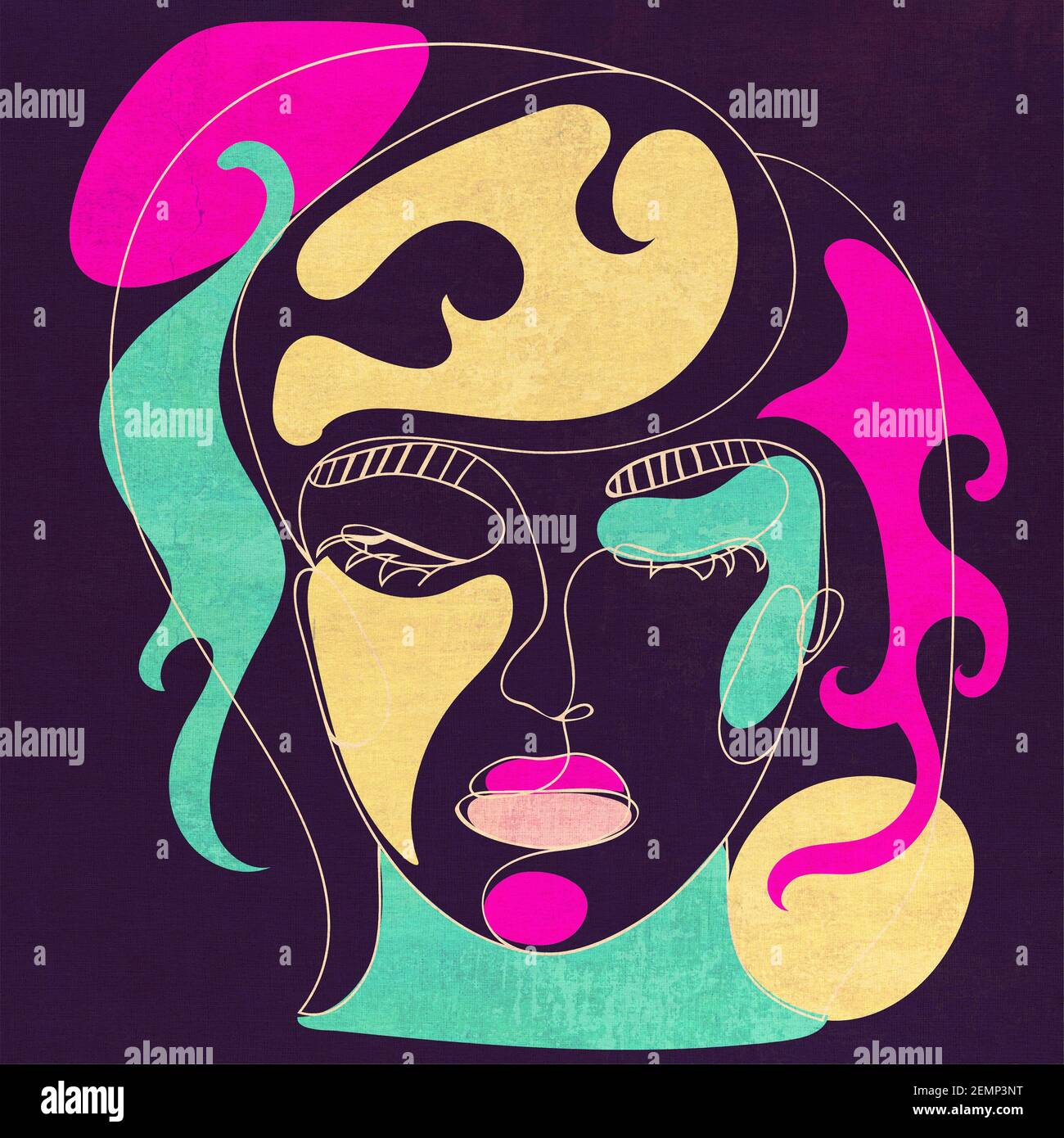 Contemporary line art style female portrait with colorful abstract ...