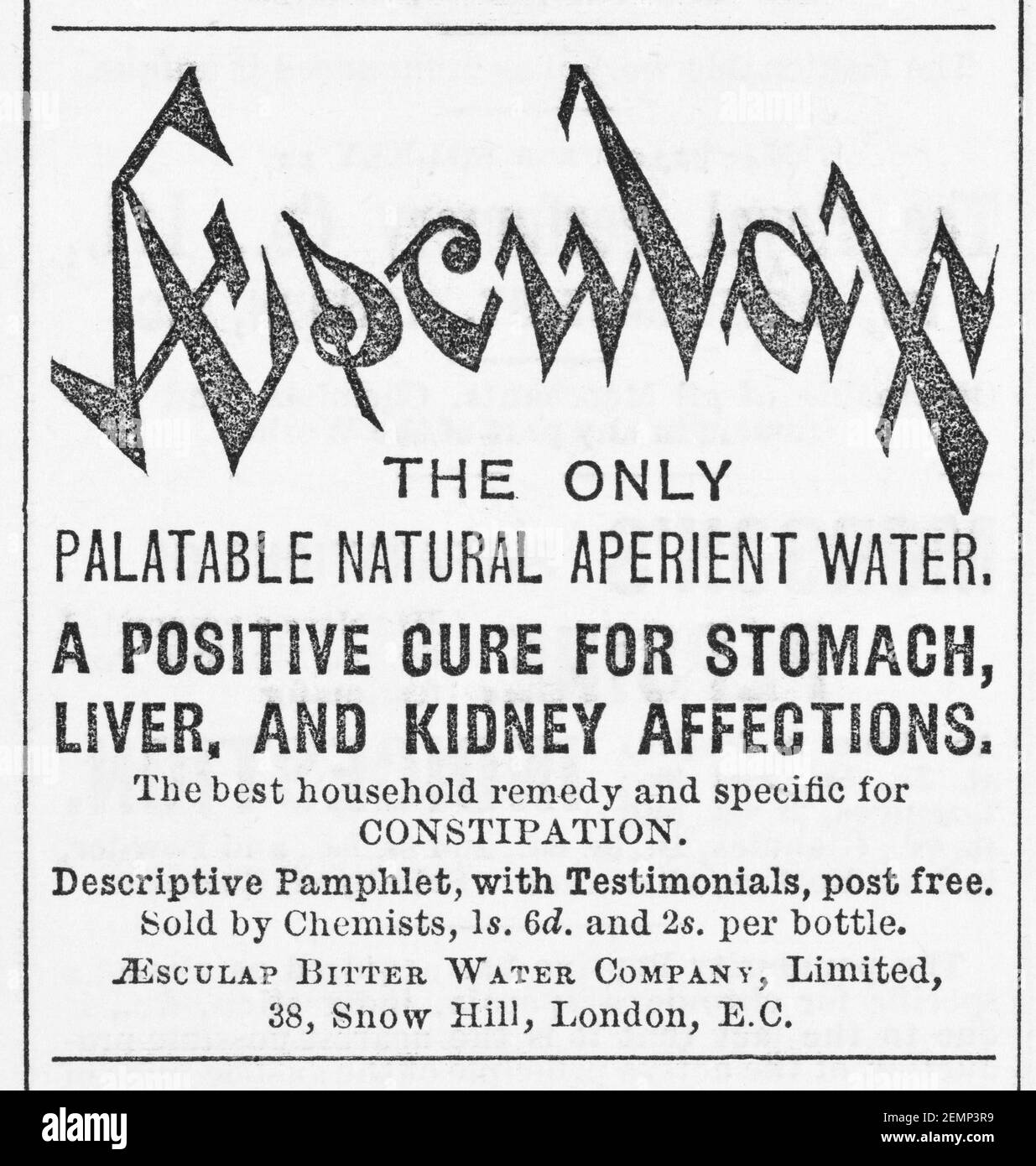 Old Victorian magazine newsprint Asculap tonic water advert from 1883 - before the dawn of advertising standards. History of medicine. Stock Photo